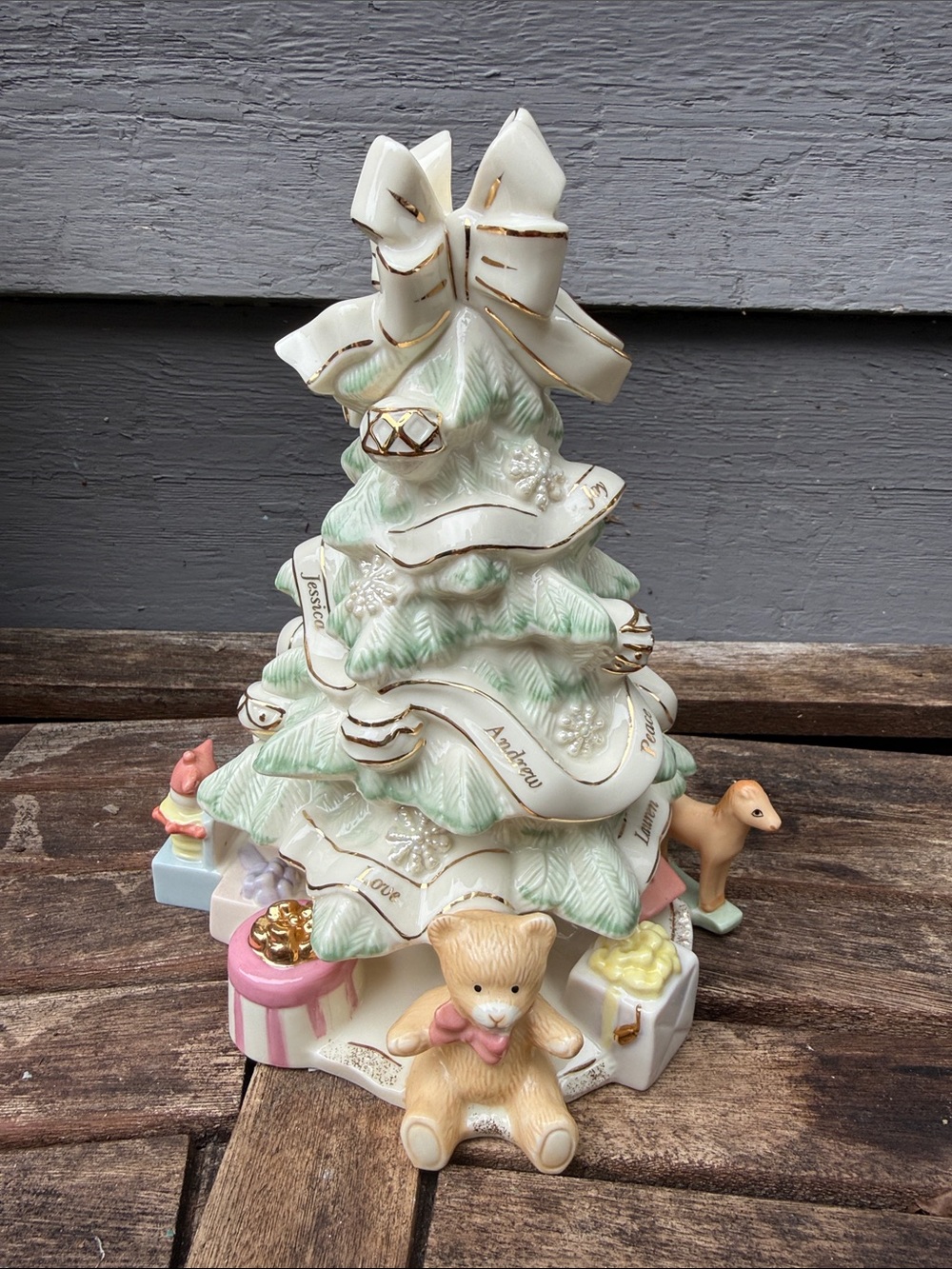 Lenox Mint Green and Gold Ceramic Holiday Tree Figurine with Pastel Accents